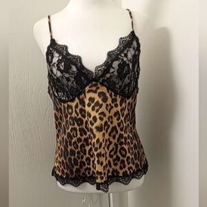 Vtg 90s Y2K Black Lace Sheer Animal Print Cami Top